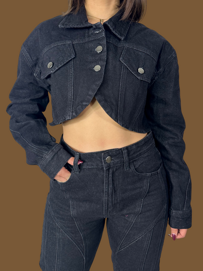 DENIM CROP JACKET AND TROUSER SET