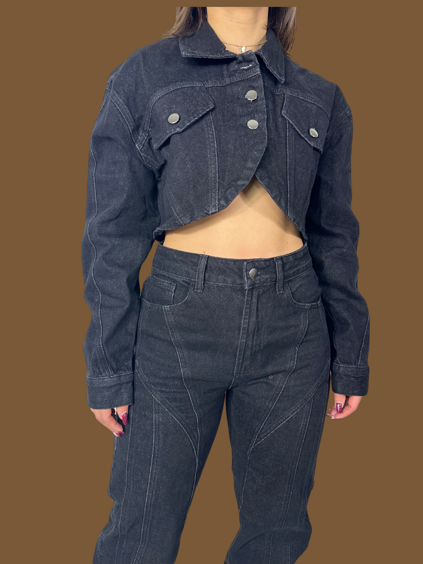 DENIM CROP JACKET AND TROUSER SET