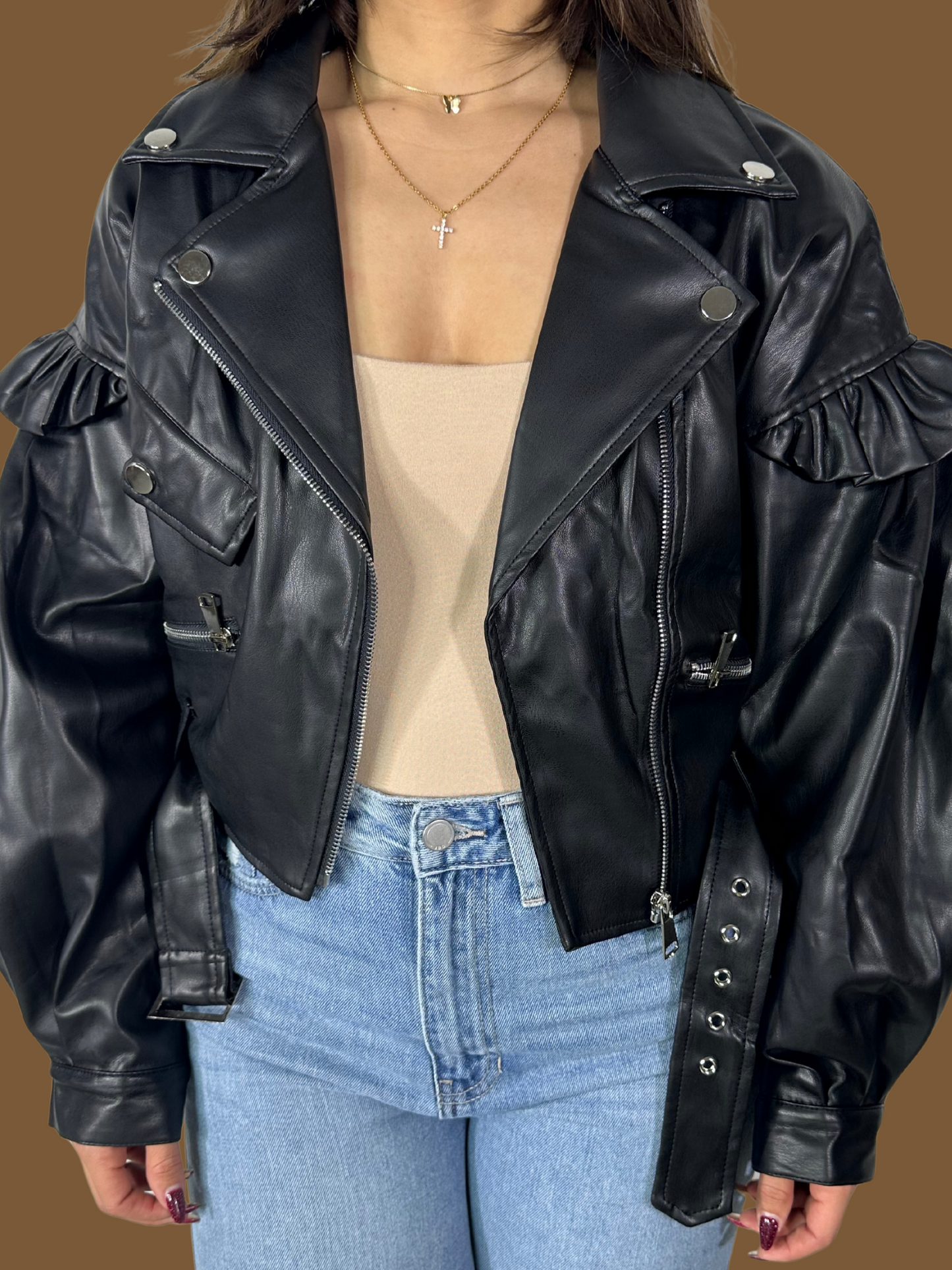 FAUX LEATHER PUFF SLEEVE JACKET