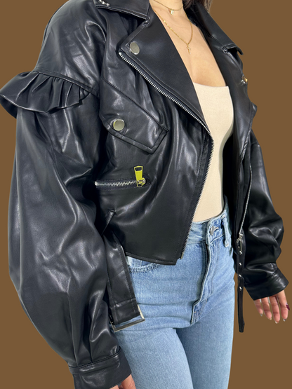 FAUX LEATHER PUFF SLEEVE JACKET